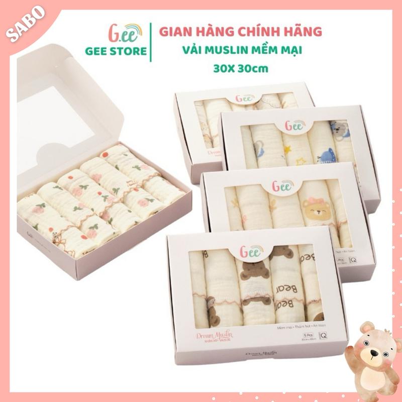 Hộp 5 Khăn Sữa Xô Muslin GEE 2 Lớp Mềm Mịn, Họa Tiết Đáng Yêu, Thấm Hút Cho Bé KT 30x30cm