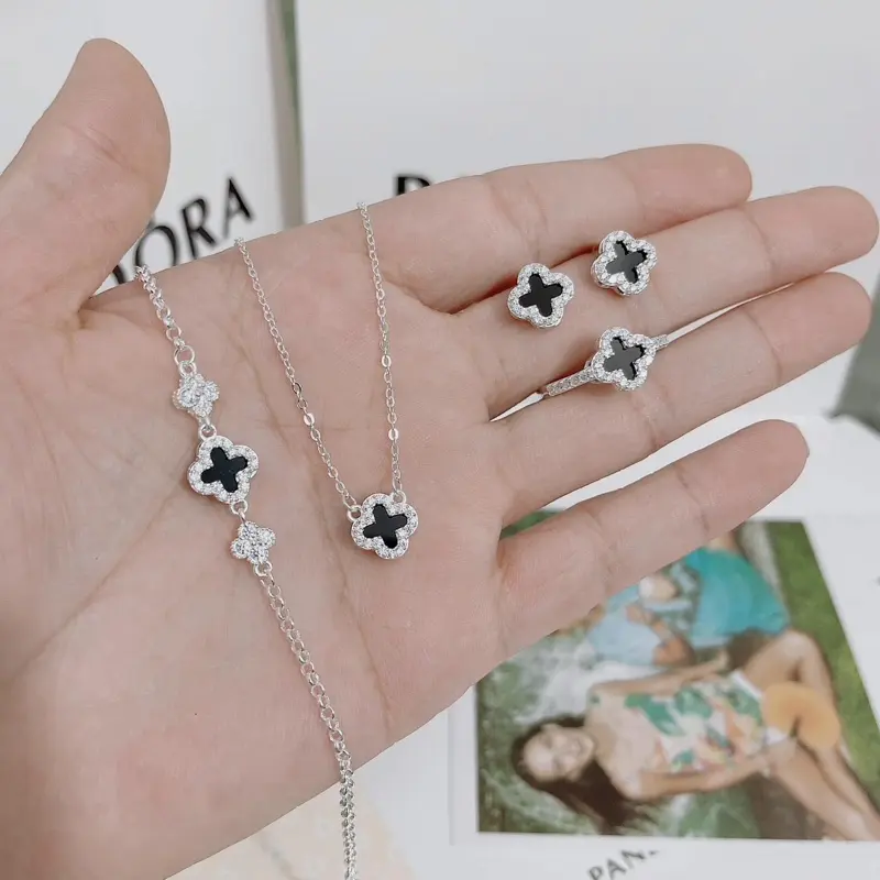 Set bạc cỏ 4 lá full viền đá, 4 chi tiết[ThuHoai_Jewelry]