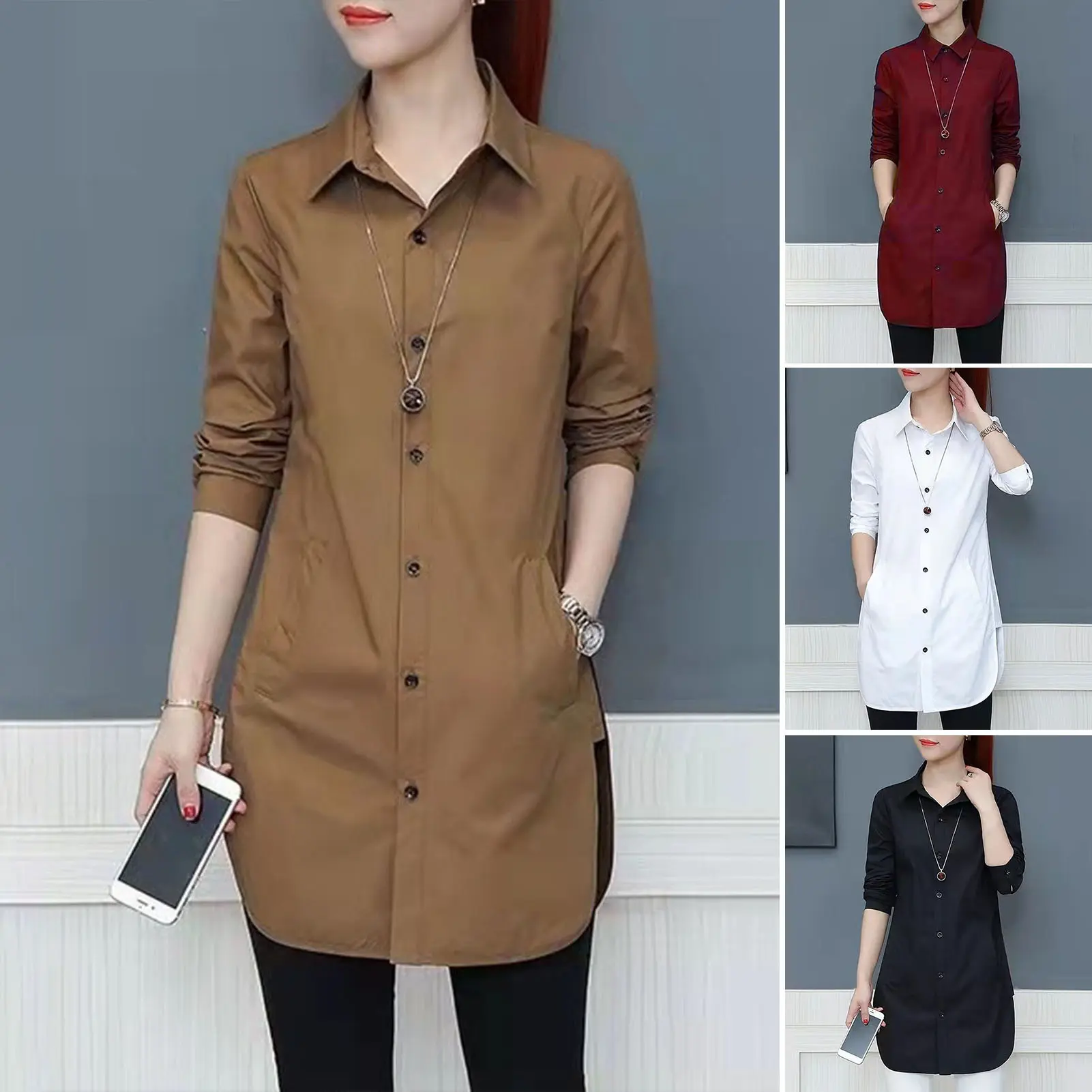 Women Shirt Solid Color Long Sleeve Single Breasted Turndown Collar Loose Streetwear Spring Summer OL Basic Shirt Blouse Women Clothes