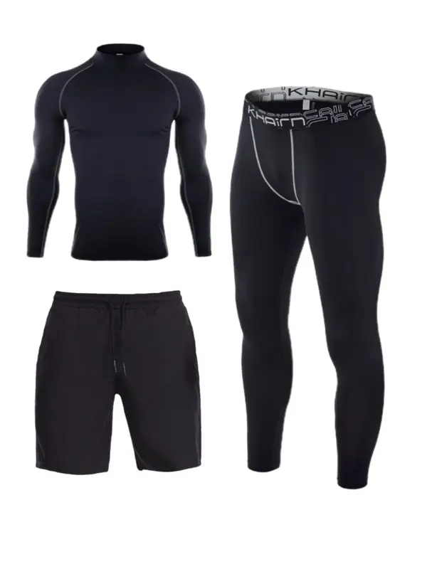 Three-Piece Set Sporty Men's Plain Tracksuit Set, Sport Mock Neck Tee & Drawstring Shorts & Letter Tape Leggings, Men's Sportswear for Gym Workout Running Training 0