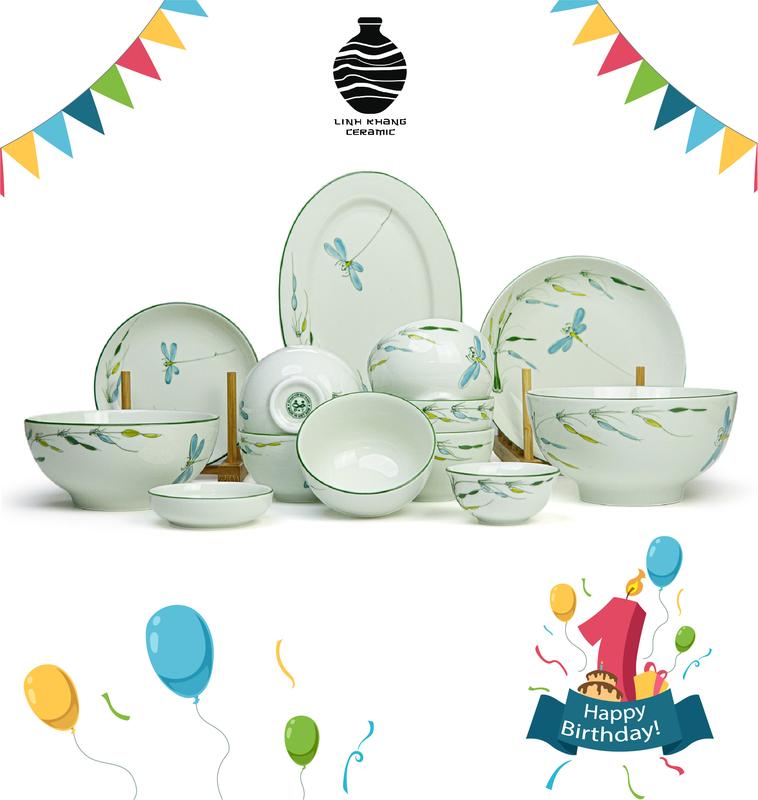 Bộ Bát Đĩa  Họa Tiết Trúc Chuồn Vẽ Tay  - Gốm Sứ Bát Tràng Linh Khang