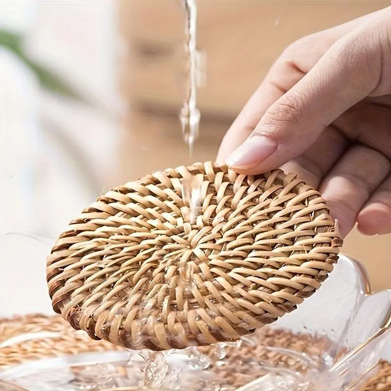 Round Rattan Braided Coaster, 2/4 Counts/set Elegant Tableware Accessory, Decorative Coaster for Home Kitchen Dining Room 5