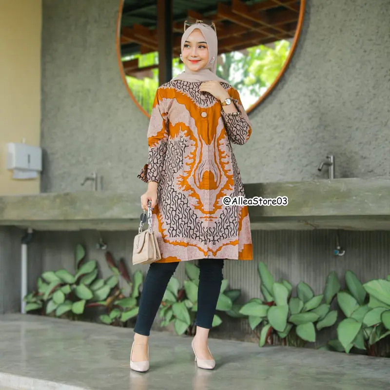 Tunik Kancing terbaru modern dress, Pakaian muslim wanita lengan panjang tunik batik Katun Nyaman 1