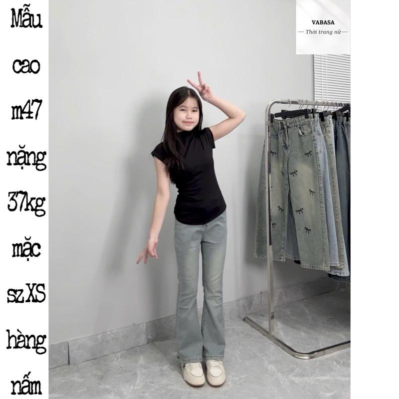 (LOE NẤM LÙN) QUẦN JEANS NỮ ỐNG LOE MÀU XANH BỤI RETRO VẢI CO DÃN nhận đơn từ m42 ( 9 tấc )