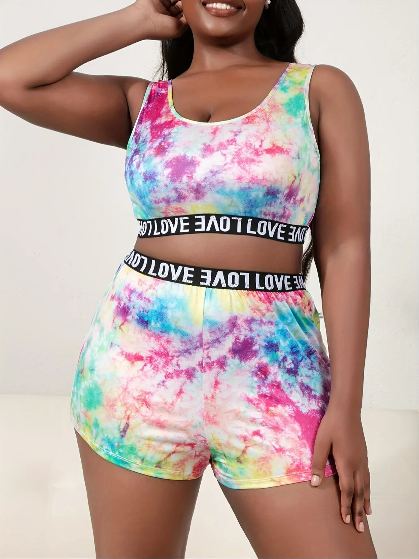 LGBTQ+ Women's Tie Dye Print Letter Tape Pajamas Set, Casual Scoop Neck Tank Top & High Waist Shorts Set, Plus Size Sleepwear for Women