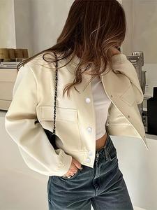 Women's Solid Button Front Pocket Jacket Coat, Casual Long Sleeve Stand Collar Outerwear for Daily Wear, Ladies Clothes for All Seasons, Winter Coats Women, Hide Your Tummy Outfits