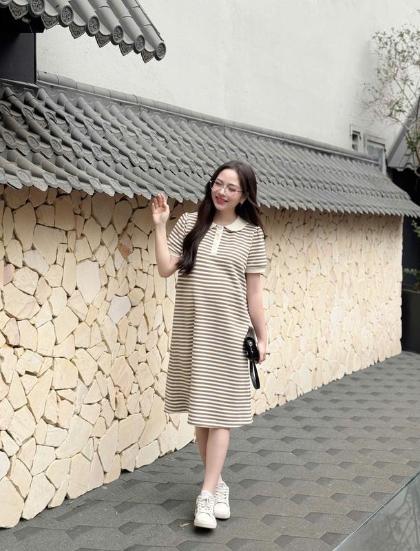 [NEW] Váy Bầu Đầm Bầu Joamom Cotton Kẻ Hàn Cổ Lá Sen Dáng Suông Thanh Lịch - Chất Cotton Hàn Cao Cấp - JBVB121