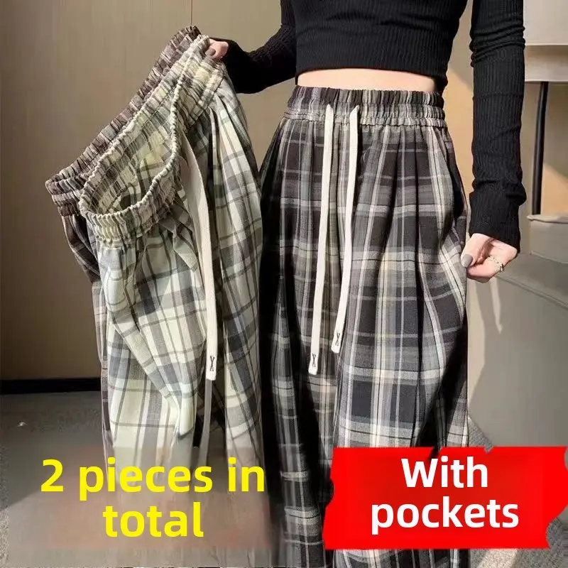 Buy One Get One Or Two Pieces Free Retro British Style Plaid Pants Women's Elastic Waist High Waist Straight Thin Casual Wide Leg Pants Comfort Fabric Fashion Cotton Trouser Womenswear Bottom Customized Evening Gorgeous Overall Simple Soft Lingerie