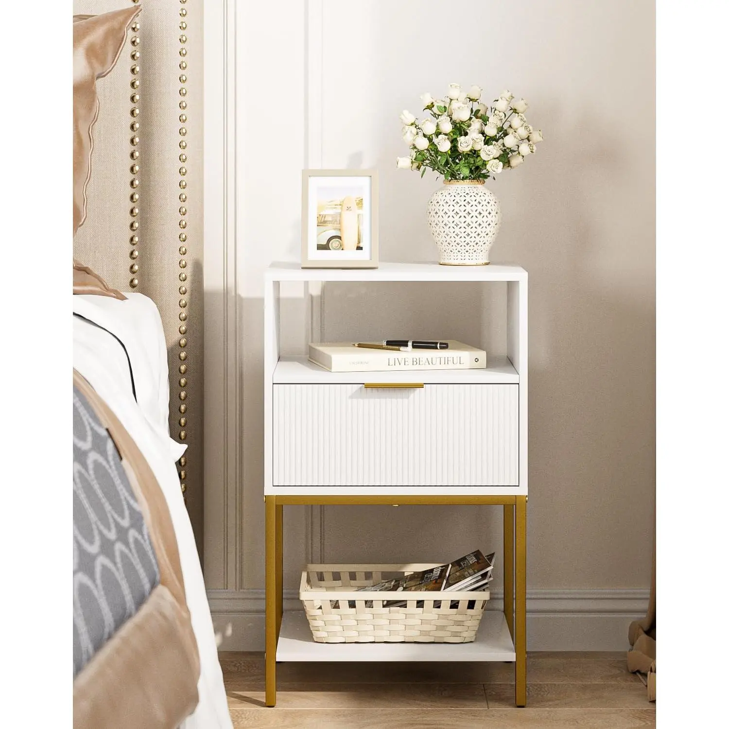 Local shipping- Bedside Table,Side Table with Gold Frame,Tall White Bedside Table,Bedside Furniture,3-Tier Storage End Table,Nightstand for Bedroom,Living Room (Modern-stripe, White)