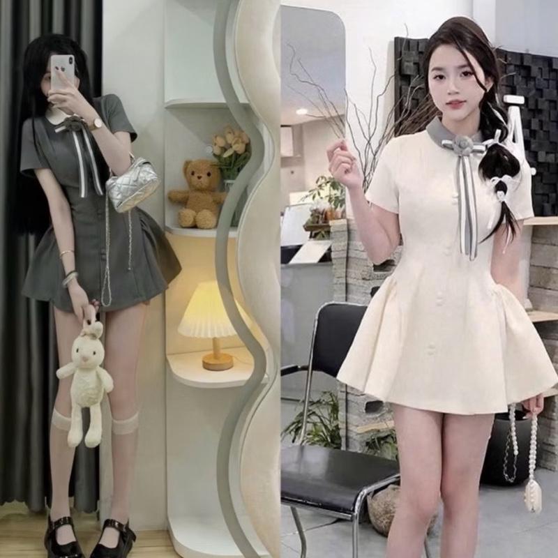  V219 VIP01 ￼Váy tuyết mưa cổ sen form bồng siêu hack eo kèm tag hoa trà siêu xinh 