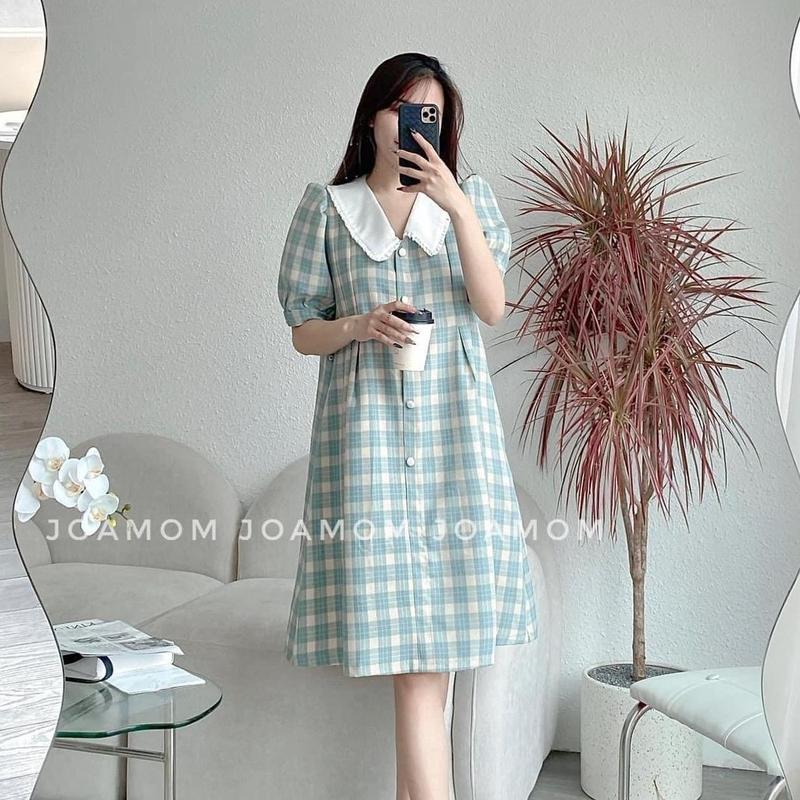 Váy Bầu Kẻ Cúc Ngọc Xanh Mặc Thai Sản Đầm Bầu