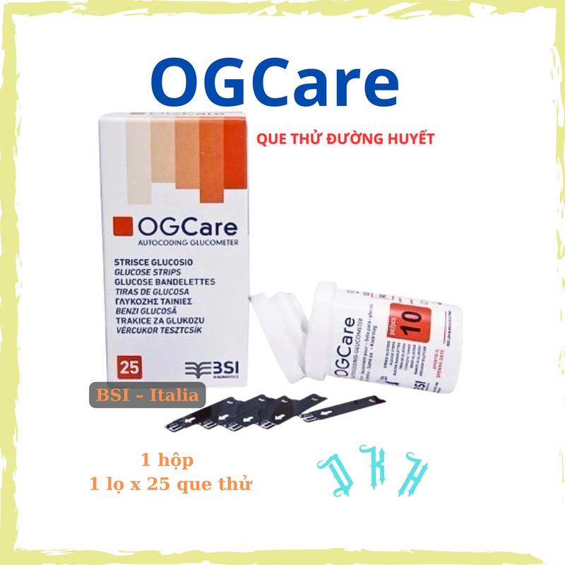  Que Thử Đường Huyết OGCARE Hộp 25 que-Hộp 50 que test  chính hãng sản xuât BSI -Ý 