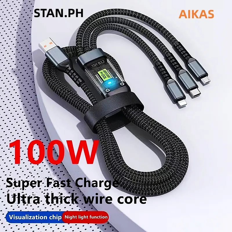 100W 3 in 1 Super Charging Cable 6A Micro USB Type C Fast Charger Type-C Cable Data Cable