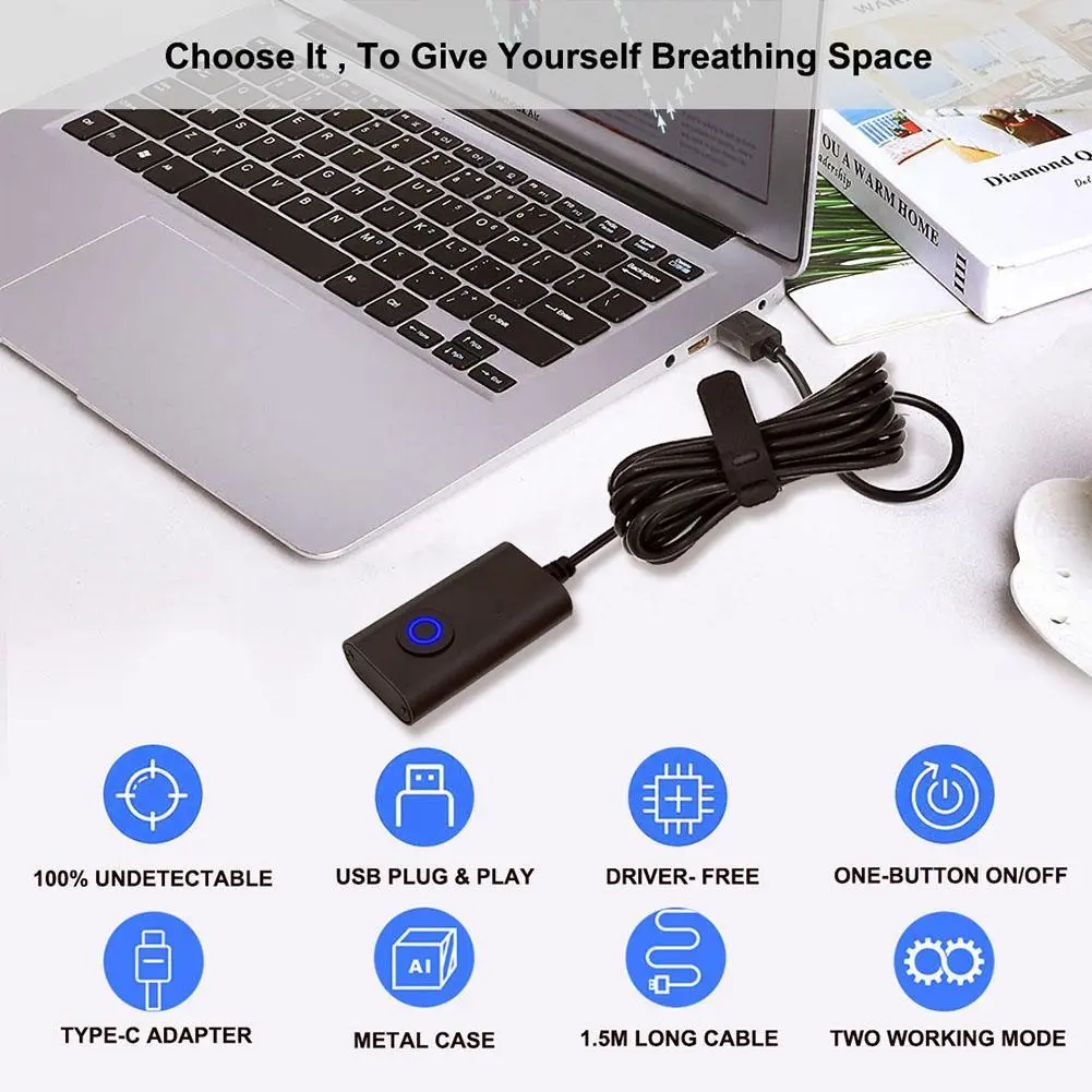2 in 1 USB Type-C Mouse Jiggler Undetectable Mouse Mover for Computer Awakening