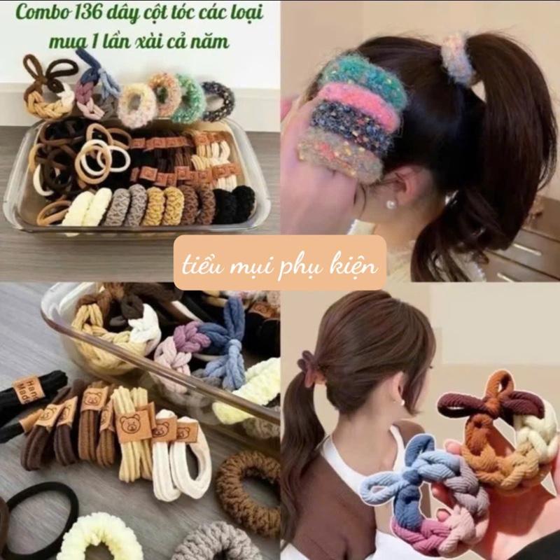 Sét 136 sợi dây cột tóc đa dạng mẫu, co giãn tốt Nữ Chun Thun Cao Su