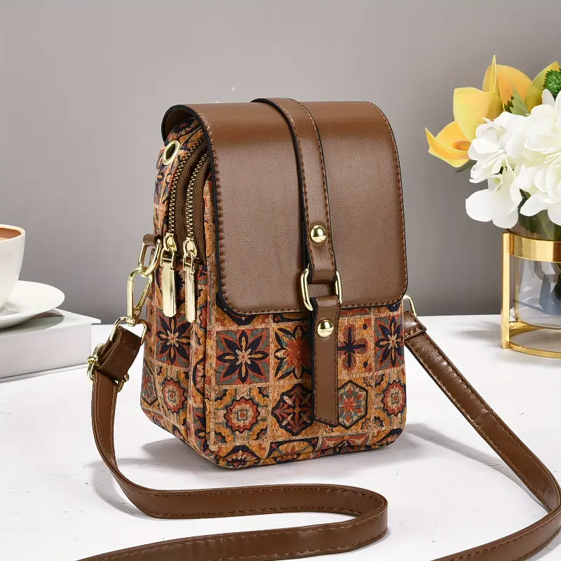 Women'S Stylish Geometric Print Shoulder Bag - Brown with Vibrant Floral & Star Design, Zipper Closure, Lightweight, Large Capacity, Perfect for Casual & Formal Occasions, Casual Shoulder Bag | Vibrant Print Bag | Durable Zipper Closure, La 1