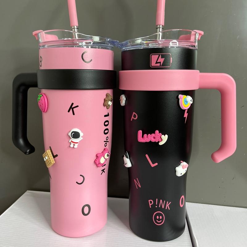 Ly giữ nhiệt PINK dung tích 1200ml innox 304  có tay cầm  giữ nhiệt 8-12h ,kèm tặng phụ kiện: ,1 cọ rửa ống hút ,1 stickke 2D,1túi trong đựng ly