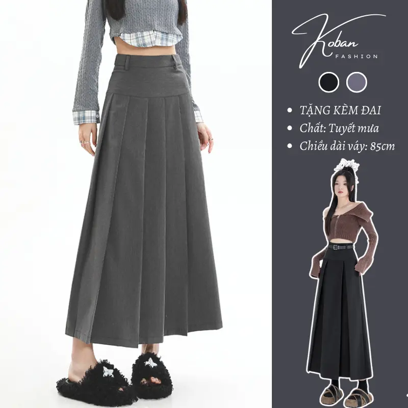 [KA04 - TẶNG ĐAI] Chân váy dài midi xếp ly KOBAN mặc được 2 mặt đi làm đi chơi cạp cao màu đen ghi Nữ Women Kem