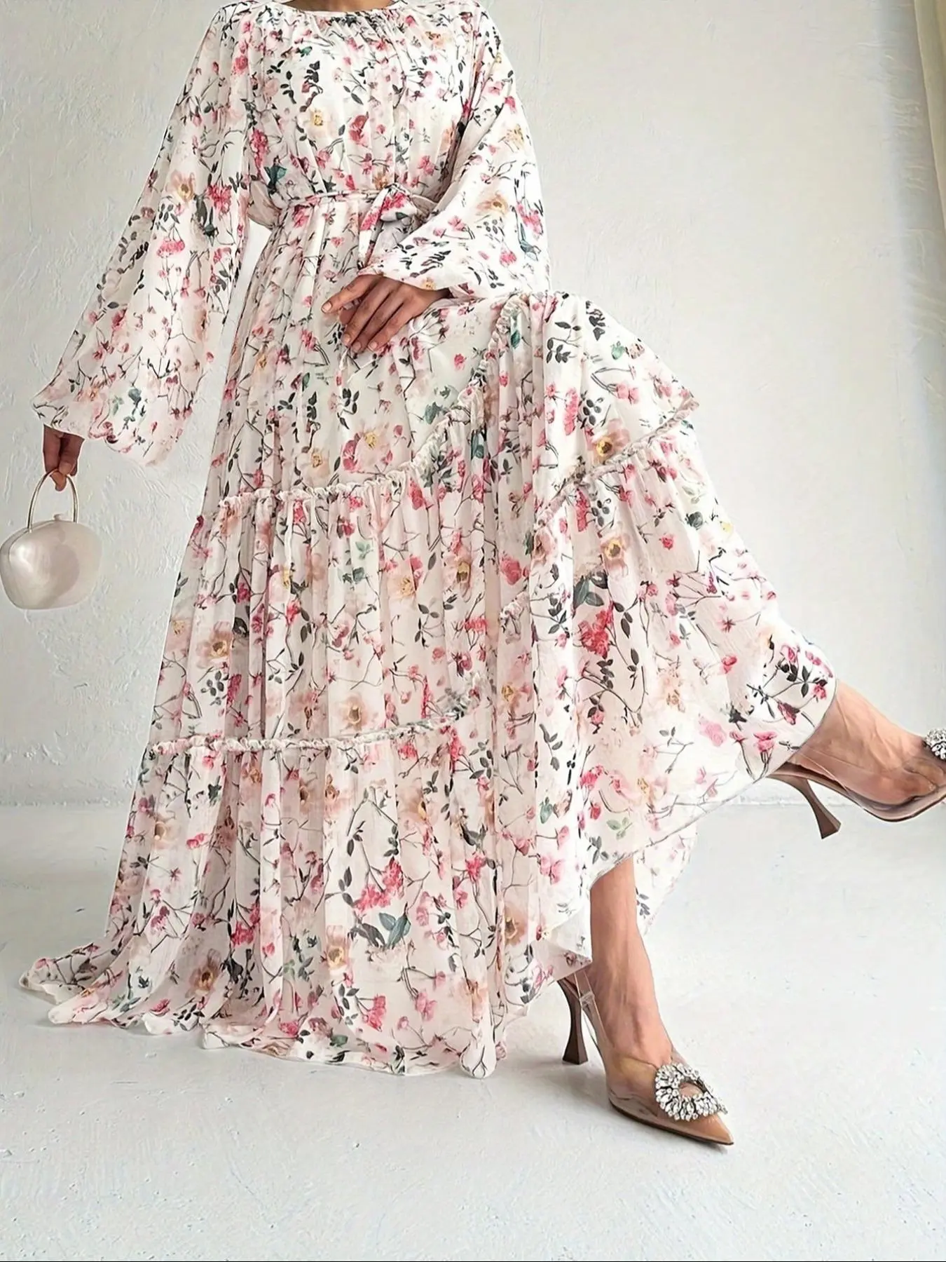 Women's Random Floral Print Belted Frill Trim Ruffle Hem A Line Dress, Boho Fashion Lantern Sleeve Round Neck Maxi Dress for Daily Holiday Vacation Wear, Ladies Dress for All Seasons
