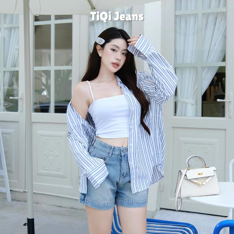 [ TiQi Jeans] A145 Áo sơ mi nữ tay dài TiQi sọc chất đũi form rộng mùa hè 2024