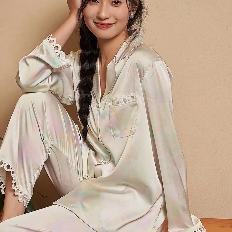 Pyjama phi lụa quảng châu cao cấp màu loang cầu vồng lạ mắt Nữ