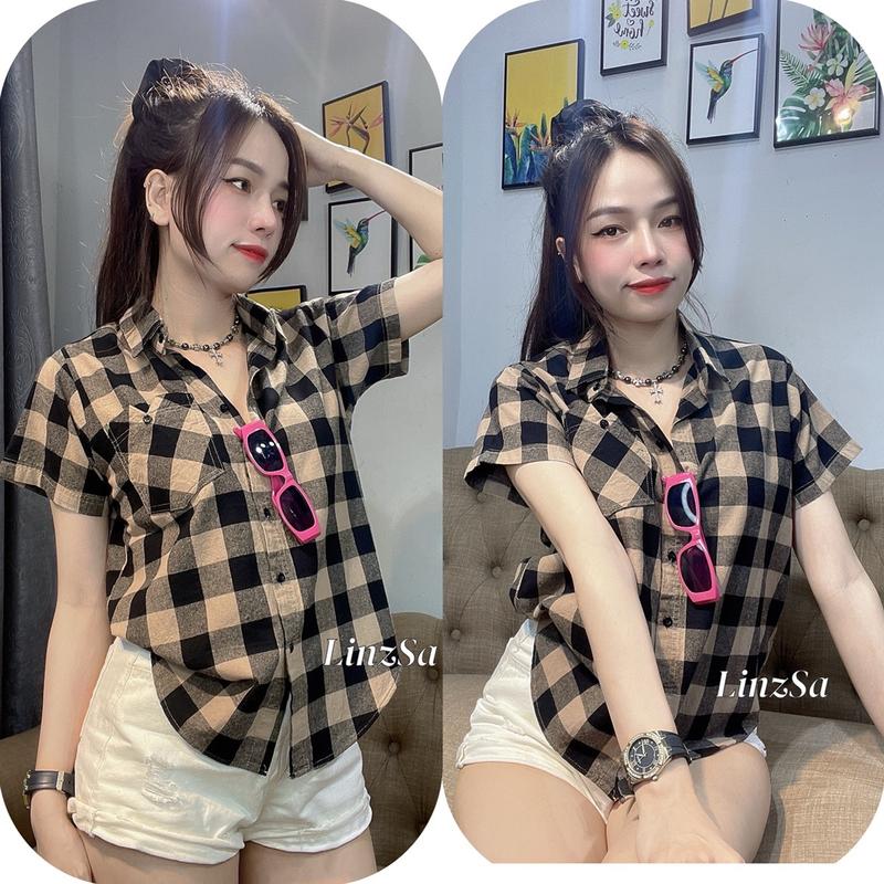 Áo sơ mi tay ngắn kẻ ô vuông Ls Cotton Nữ