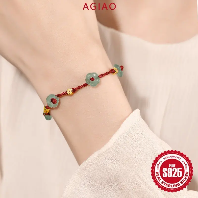 AGIAO Gelang Chalcedony Tali Merah Keberuntungan Dengan Gelang Kaki Floral Senada