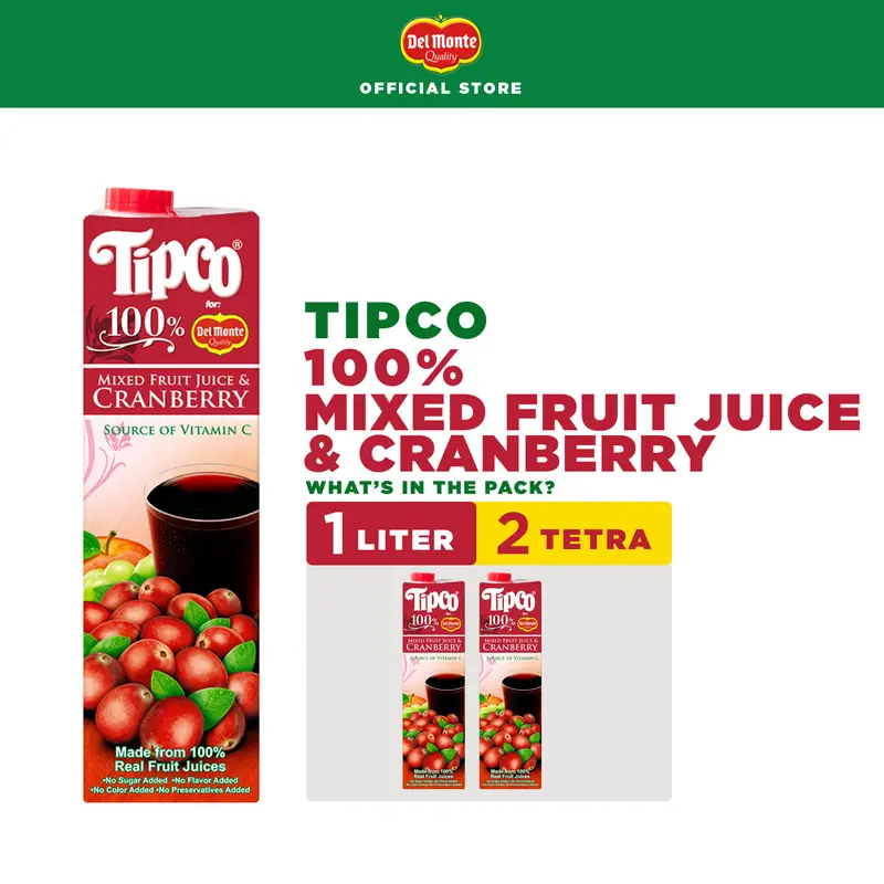 TIPCO 100% Mixed Fruit Juice & Cranberry All Natural Source of Vitamin C - 1L Tetra x2
