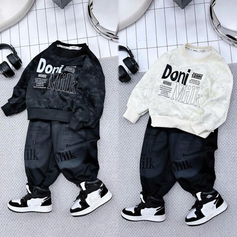  17-60kg Bộ quần áo nỉ 2 da QCCC in chữ DONI 2 màu đen loang và be êm mềm dày dặn ấm áp cho bé trai 