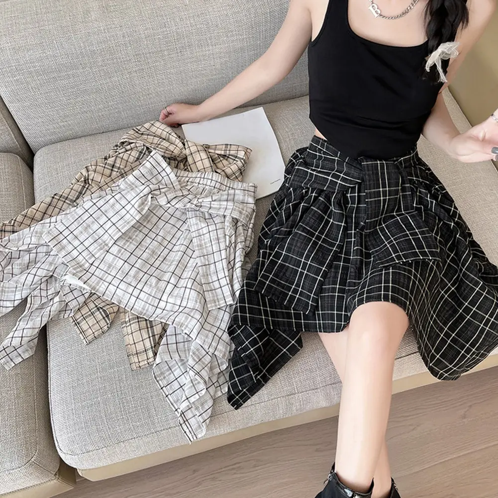 Chân Váy Kẻ Sọc Bất Đối Xứng Phong Cách Gyaru Cổ Điển Dành Cho Nữ, Áo Cạp Cao Chân Váy Xếp Ly