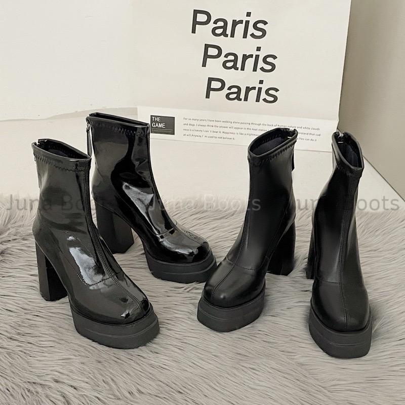 Giày bốt B77 PLATFORM đế cao 10cm - Boots nữ da bóng đế kép nữ tính [ FREESHIP ]