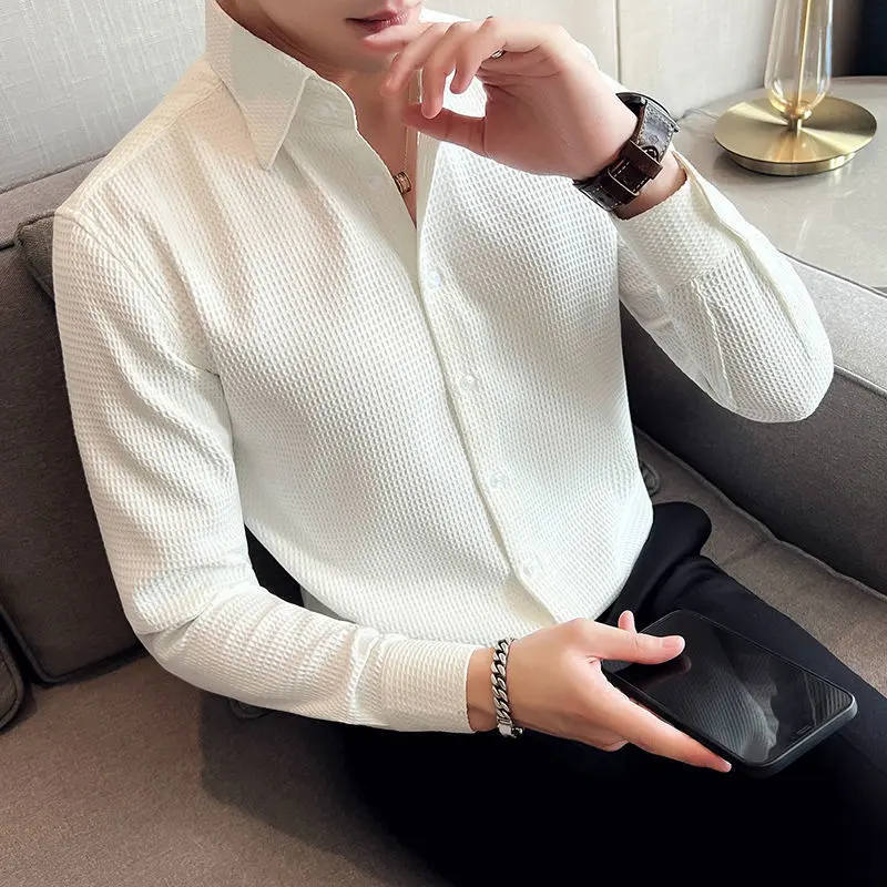 Waffle Shirt Men's Long-Sleeved Spring and Autumn Korean Style Slim Fit Business Handsome Drape White Shirt High-Grade Shirt