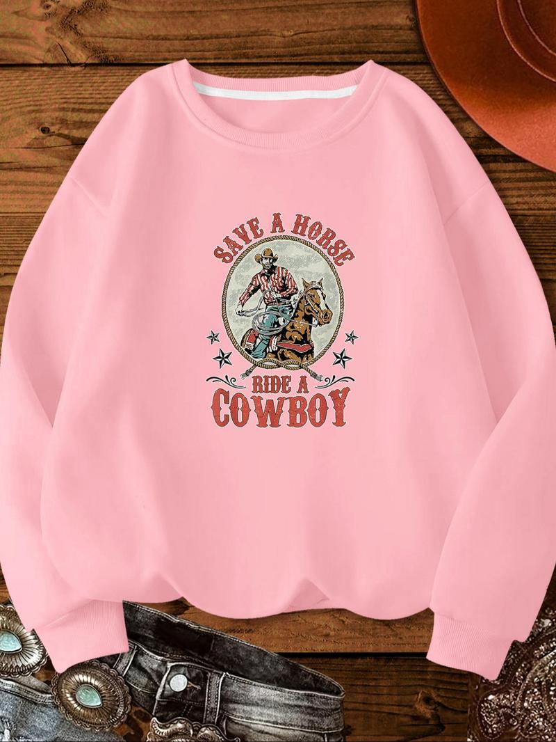 Product Introduction of Women's Cowboy & Letter Print Drop Shoulder Sweatshirt, Casual Long Sleeve Round Neck Pullover for Fall & Winter, Ladies Clothes for Daily Wear 5
