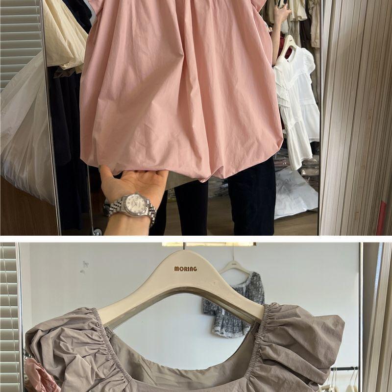 Product Introduction of French Style Flying Sleeve Shirt Female 2024 Summer New Design Sense Small Public Net Red Dew Collarbone Sweet Top Womenswear Blouse Lingerie Lady Comfort Basic Minimalist 5