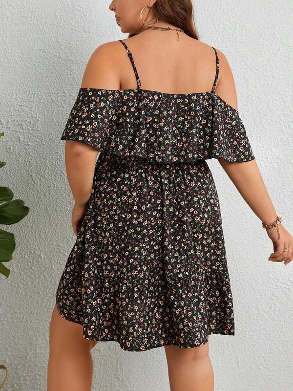Plus Size Ditsy Floral Print Cold Shoulder Ruffle Trim A Line Dress, Boho Adjustable Strap Short Sleeve Dress for Beach Holiday Vacation, Women's Summer Clothes, Womenswear 1