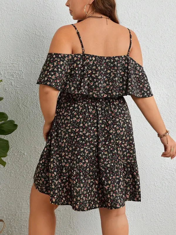 Plus Size Ditsy Floral Print Cold Shoulder Ruffle Trim A Line Dress, Boho Adjustable Strap Short Sleeve Dress for Beach Holiday Vacation, Women's Summer Clothes, Womenswear 1