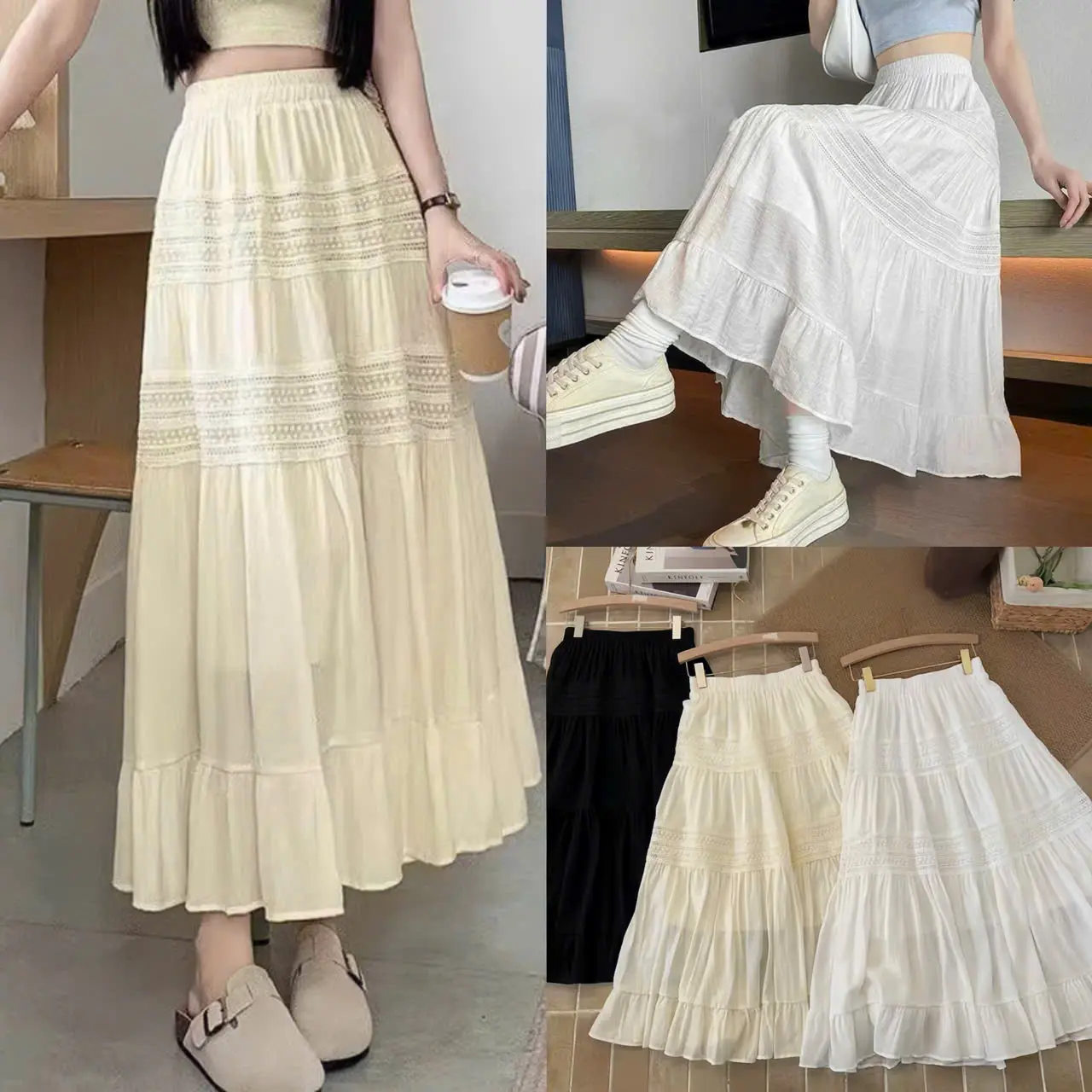 Chân váy lụa boi dáng dài V06 2 viền ren vải QC By Maiclothing