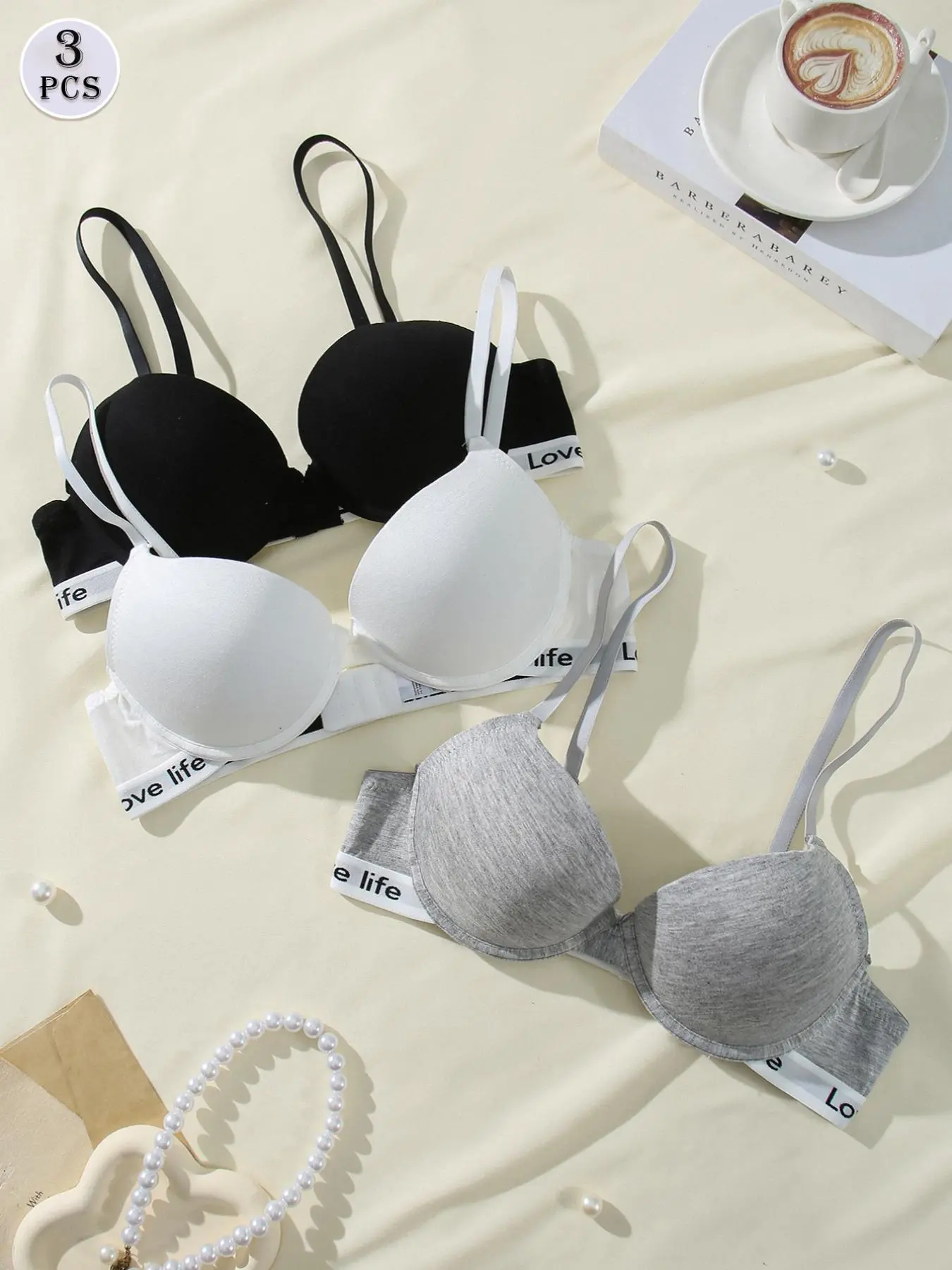 Women's Solid Color Letter Tape Underwire Bra, Casual Comfy Breathable Adjustable Strap Triple-Breasted Bra, Softness Lightweight Lingerie for All Seasons