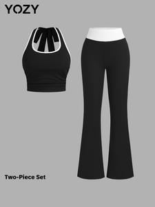 YOZY Women's Colorblock Halter Top & Flare Leg Pants Two-piece Set, Casual Fashion Cozy Two Piece Outfits for Daily Outdoor Wear, Ladies Clothes for Summer