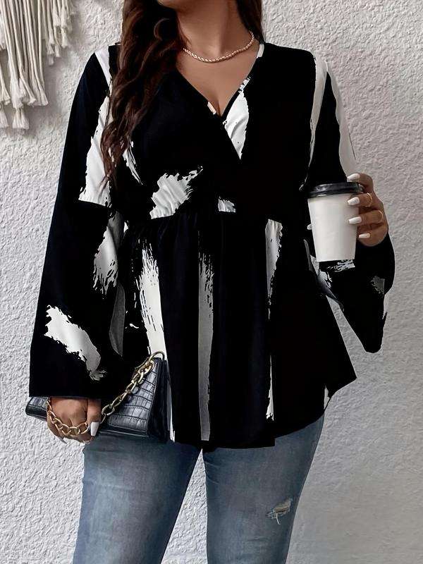 Plus Size All Over Brush Print Wrap V Neck Flounce Sleeve Blouse, Plus Casual Peplum Hem Long Sleeve Top for Women, Women Plus Clothing for All Seasons 3