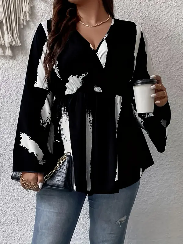 Plus Size All Over Brush Print Wrap V Neck Flounce Sleeve Blouse, Plus Casual Peplum Hem Long Sleeve Top for Women, Women Plus Clothing for All Seasons 3