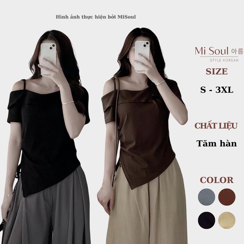 Áo Thun Dây Vai BigSize Rút Dây Bên Hông MiSoul, Áo Thun Cổ Thuyền Vạt Chéo Rút Dây BigSize 207 Top Cổ Tròn Nữ Women Đen
