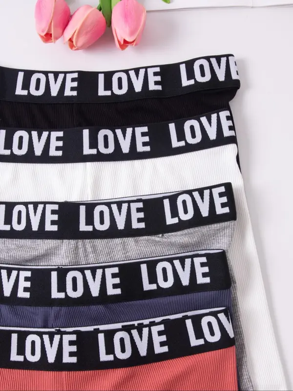 Women's Solid Color Letter Tape Boxer Brief, High Stretch Soft Comfortable Breathable Ribbed Knicker for Daily Wear, Underwear for All Seasons 2