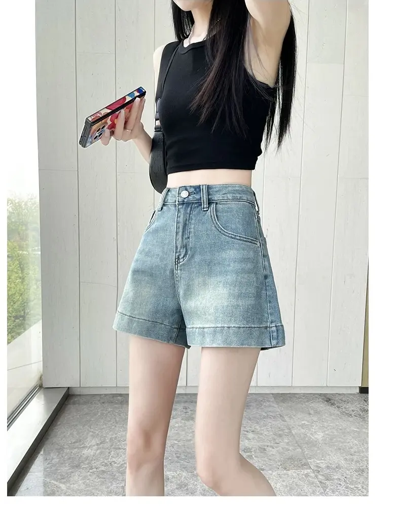 Quần short denim xanh nữ 2025 mùa hè mỏng cạp cao rộng rãi thon gọn quần chữ A HN02
