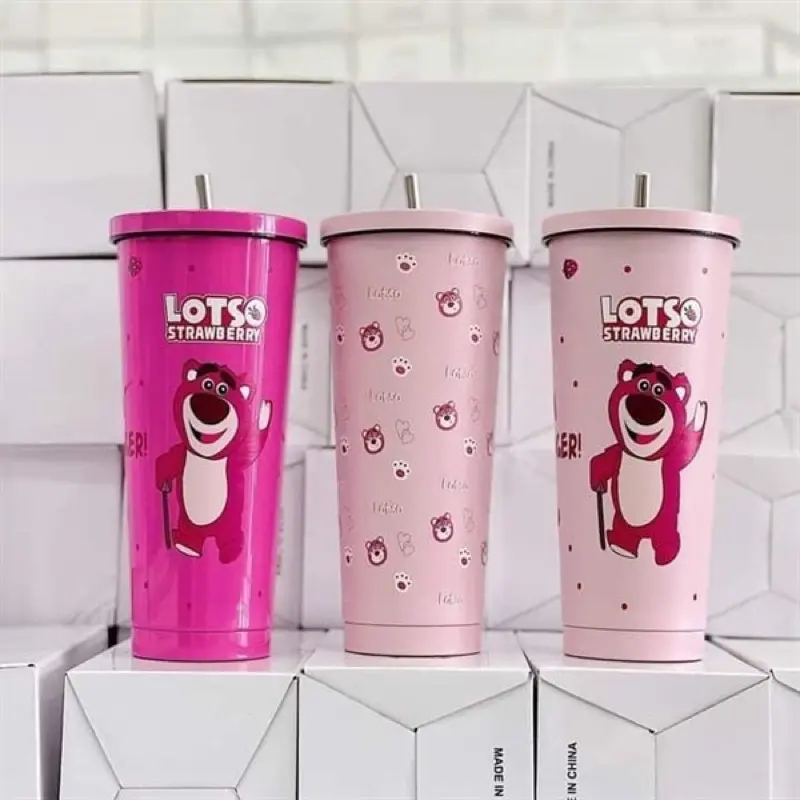 Cốc giữ nhiệt gấu dâu 750ml tặng kèm ống hút 8