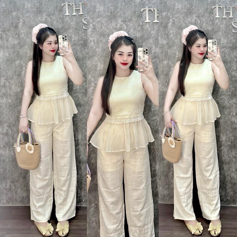 (Freesize 46-58kg)Set đũi xô  Áo màu kem vạt xoè  màu kem, quần ống suông lưng thun  Top Women Nữ