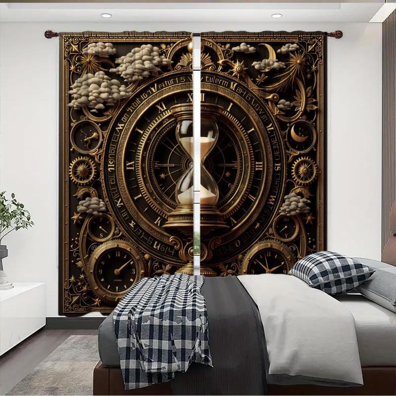 Product Introduction of Clock & Compass Pattern Door Curtain, 1 Set Creative Printing Door Curtain, Home Decor for Living Room Bedroom Study Room 2