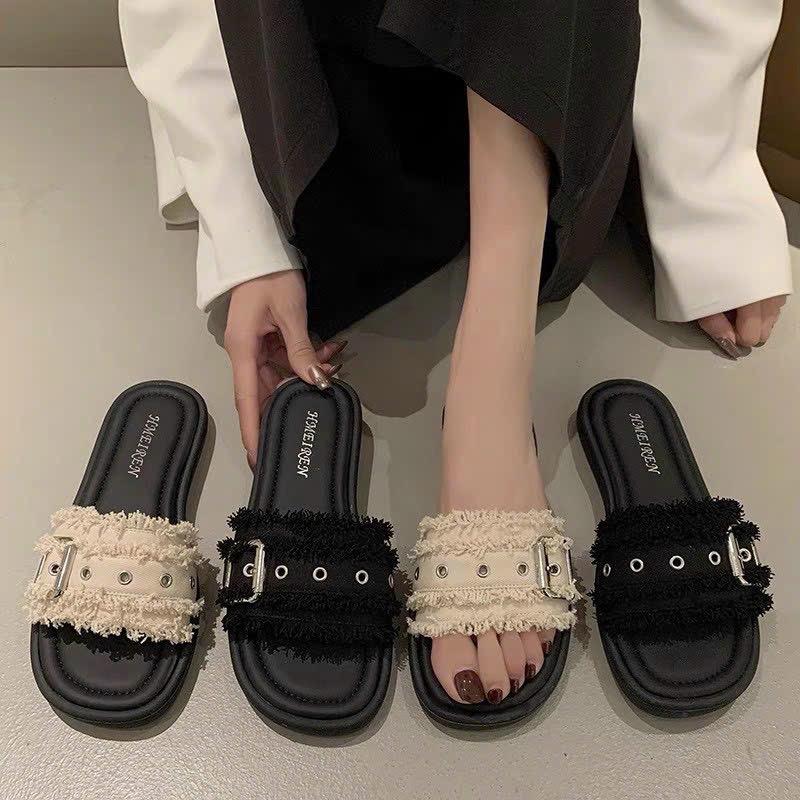 Dép lê khuy cài lông xù điệu đà. Tôn chân đế mềm Nữ DéP