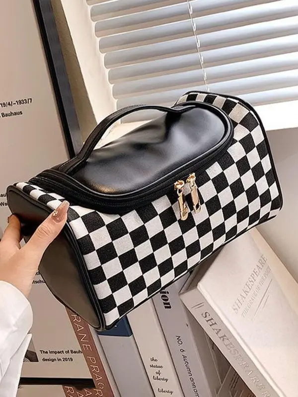 Women's Fashionable Plaid Pattern Handbag, Large Capacity Cosmetic Bag, Portable Toiletry Bag, Casual Trendy Versatile High-quality Daily Commuting Bag 2