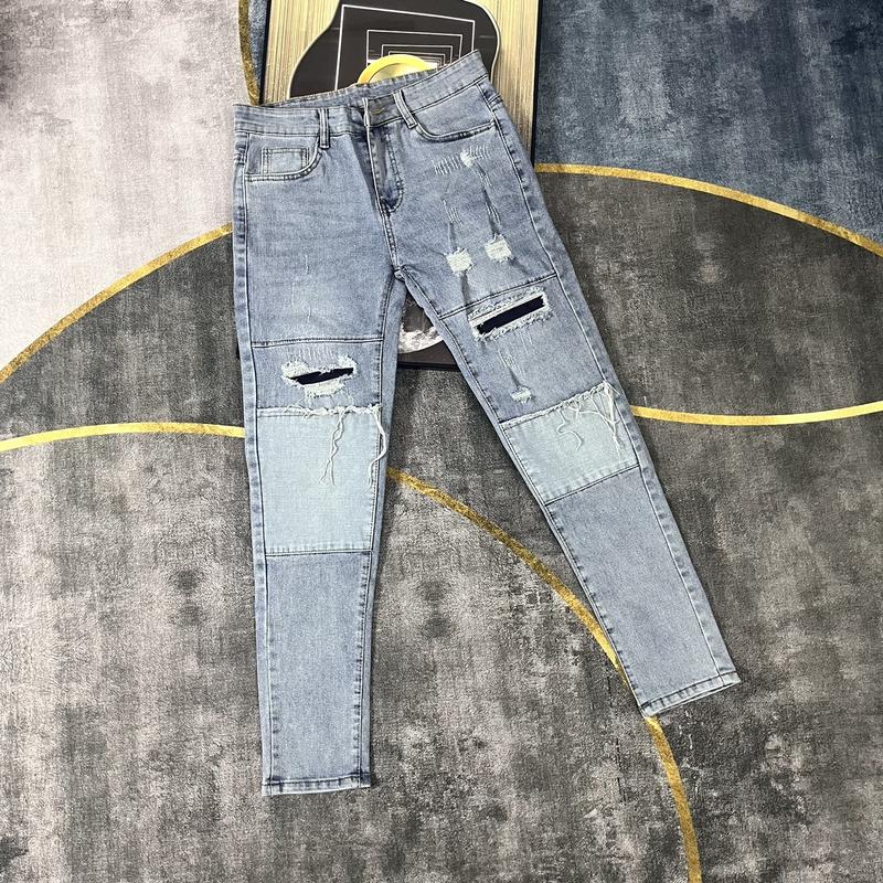 Quần jean nam rách vá gối to chất bò cotton co dãn màu xanh nhạt quần vá da mãQJP3V778T Pants Menswear Có Túi